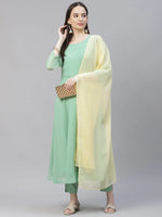 Thumbnail for Jompers Women's Sea Green Embroidered Regular Sequinned Kurta with Trousers & Dupatta - Distacart