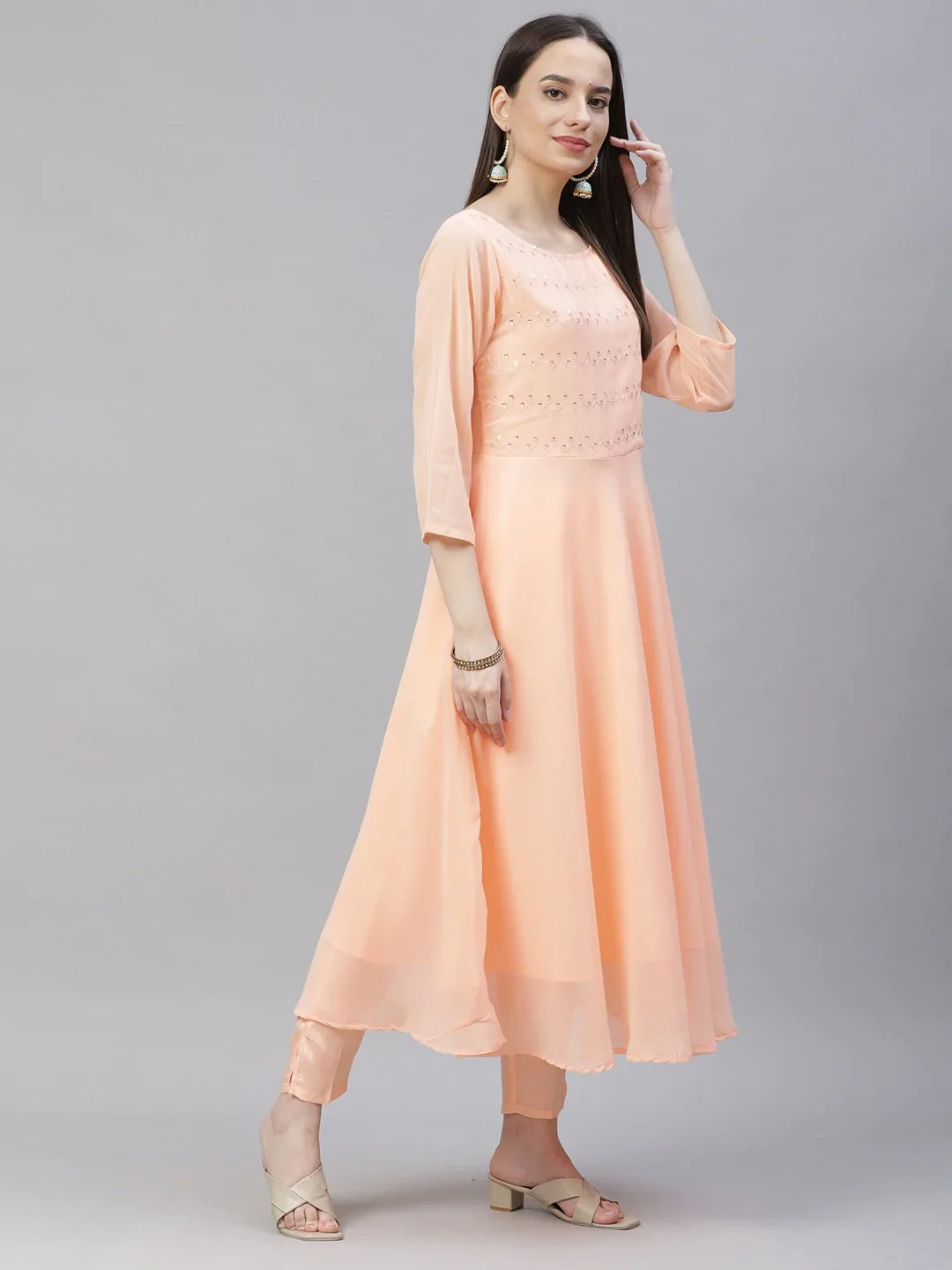 Jompers Women's Peach Embroidered Regular Sequinned Kurta with Trousers & Dupatta - Distacart