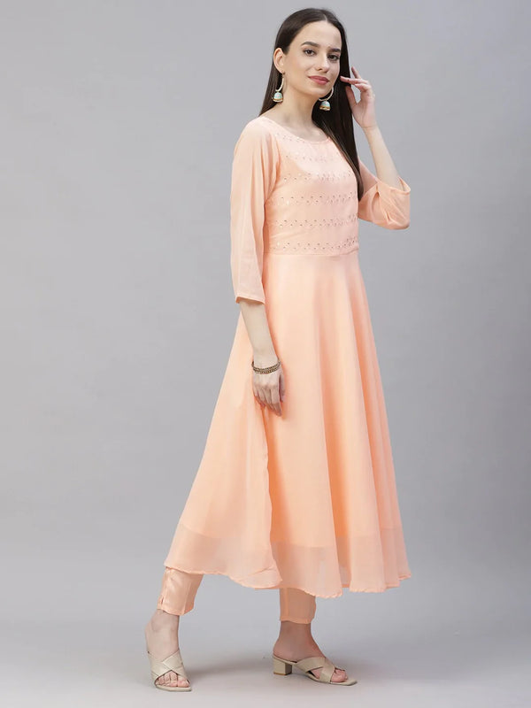 Jompers Women's Peach Embroidered Regular Sequinned Kurta with Trousers & Dupatta - Distacart