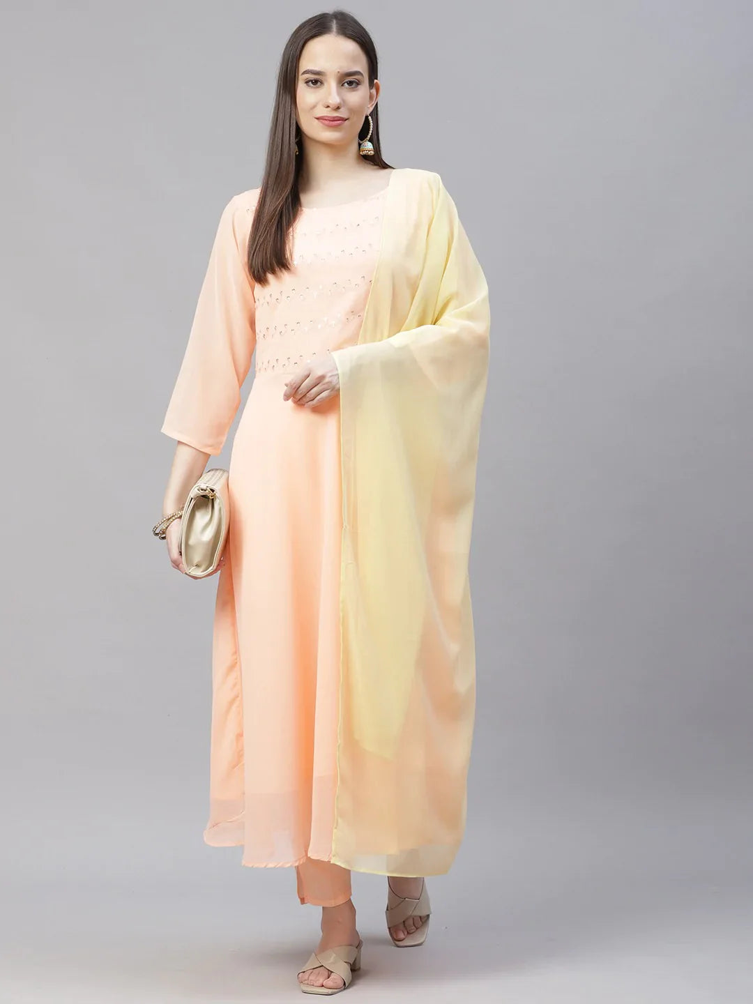 Jompers Women's Peach Embroidered Regular Sequinned Kurta with Trousers & Dupatta - Distacart