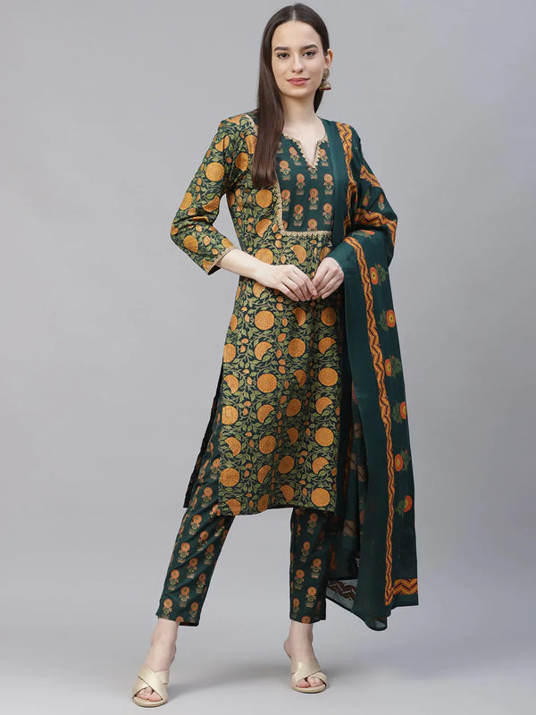 Jompers Women's Green Ethnic Motifs Printed Pure Cotton Kurta with Trousers & Dupatta - Distacart