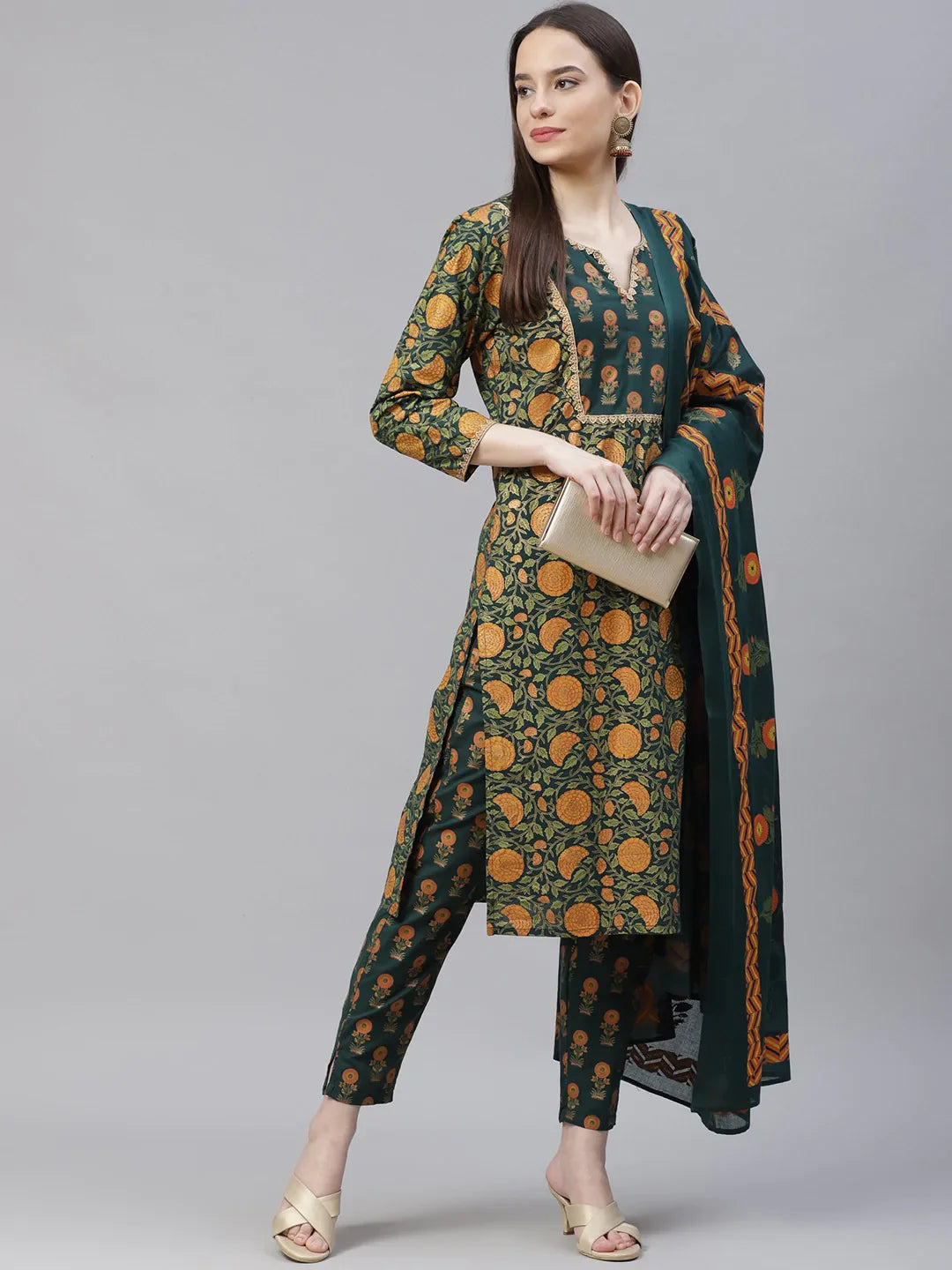 Jompers Women's Green Ethnic Motifs Printed Pure Cotton Kurta with Trousers & Dupatta - Distacart