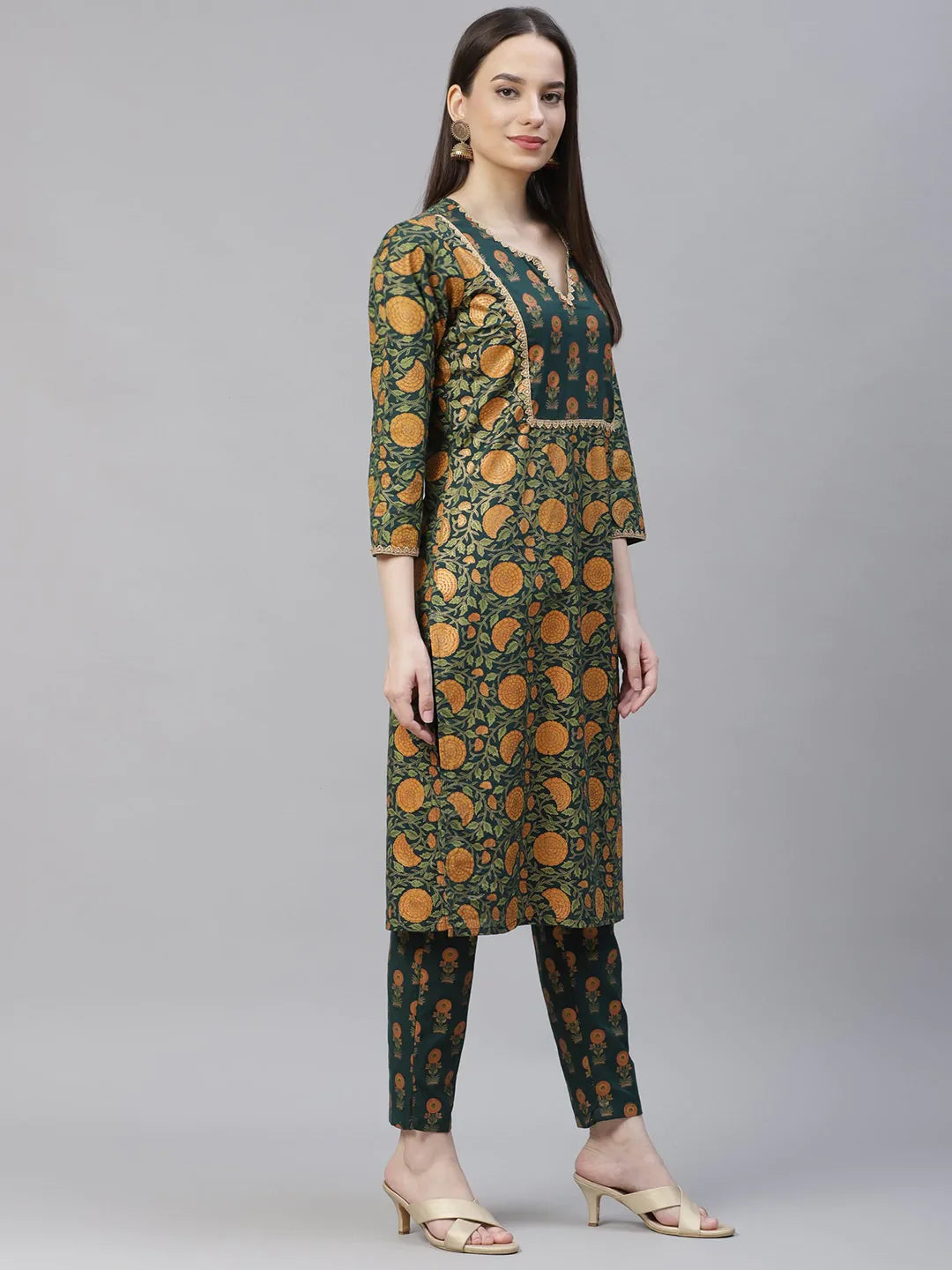 Jompers Women's Green Ethnic Motifs Printed Pure Cotton Kurta with Trousers & Dupatta - Distacart