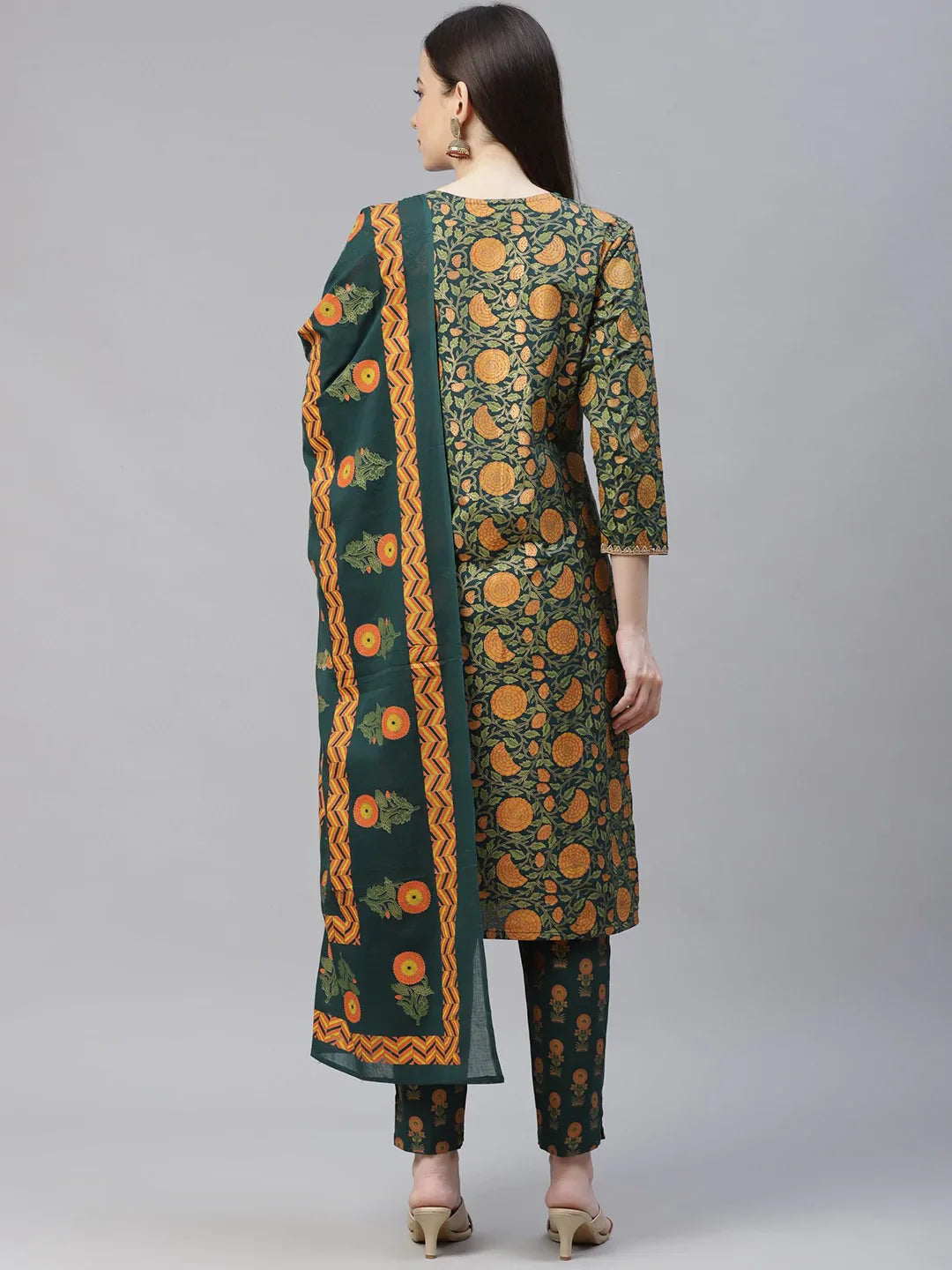 Jompers Women's Green Ethnic Motifs Printed Pure Cotton Kurta with Trousers & Dupatta - Distacart