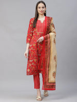Thumbnail for Jompers Women's Red Ethnic Motifs Printed Regular Pure Cotton Kurta with Trousers & Dupatta - Distacart