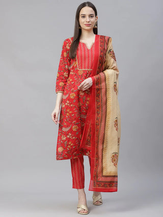 Jompers Women's Red Ethnic Motifs Printed Regular Pure Cotton Kurta with Trousers & Dupatta - Distacart