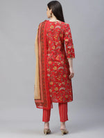 Thumbnail for Jompers Women's Red Ethnic Motifs Printed Regular Pure Cotton Kurta with Trousers & Dupatta - Distacart