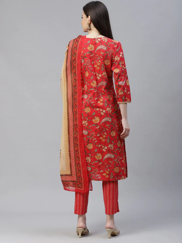 Jompers Women's Red Ethnic Motifs Printed Regular Pure Cotton Kurta with Trousers & Dupatta - Distacart