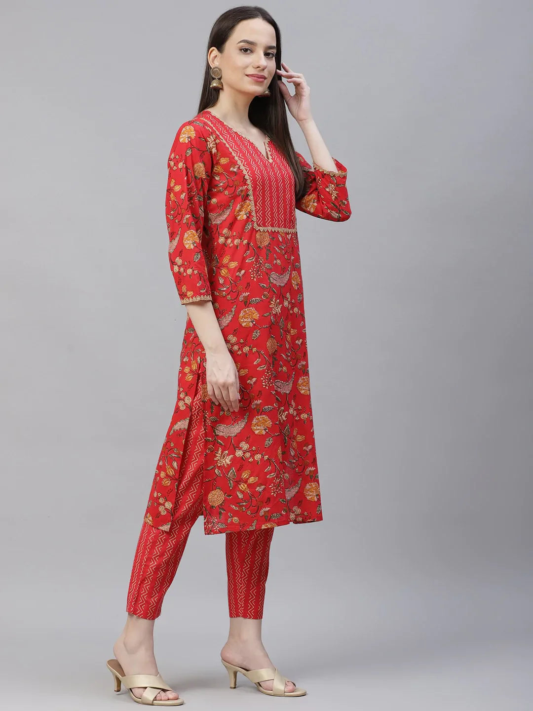 Jompers Women's Red Ethnic Motifs Printed Regular Pure Cotton Kurta with Trousers & Dupatta - Distacart