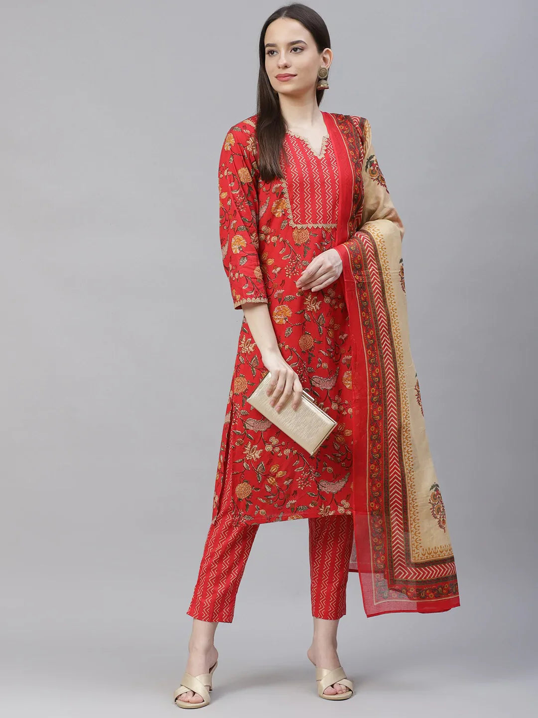 Jompers Women's Red Ethnic Motifs Printed Regular Pure Cotton Kurta with Trousers & Dupatta - Distacart