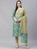 Thumbnail for Jompers Women's Green Ethnic Motifs Printed Pure Cotton Kurta with Trousers & Dupatta - Distacart