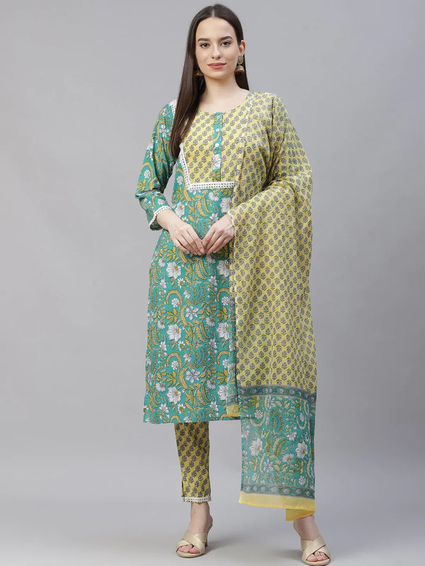 Jompers Women's Green Ethnic Motifs Printed Pure Cotton Kurta with Trousers & Dupatta - Distacart