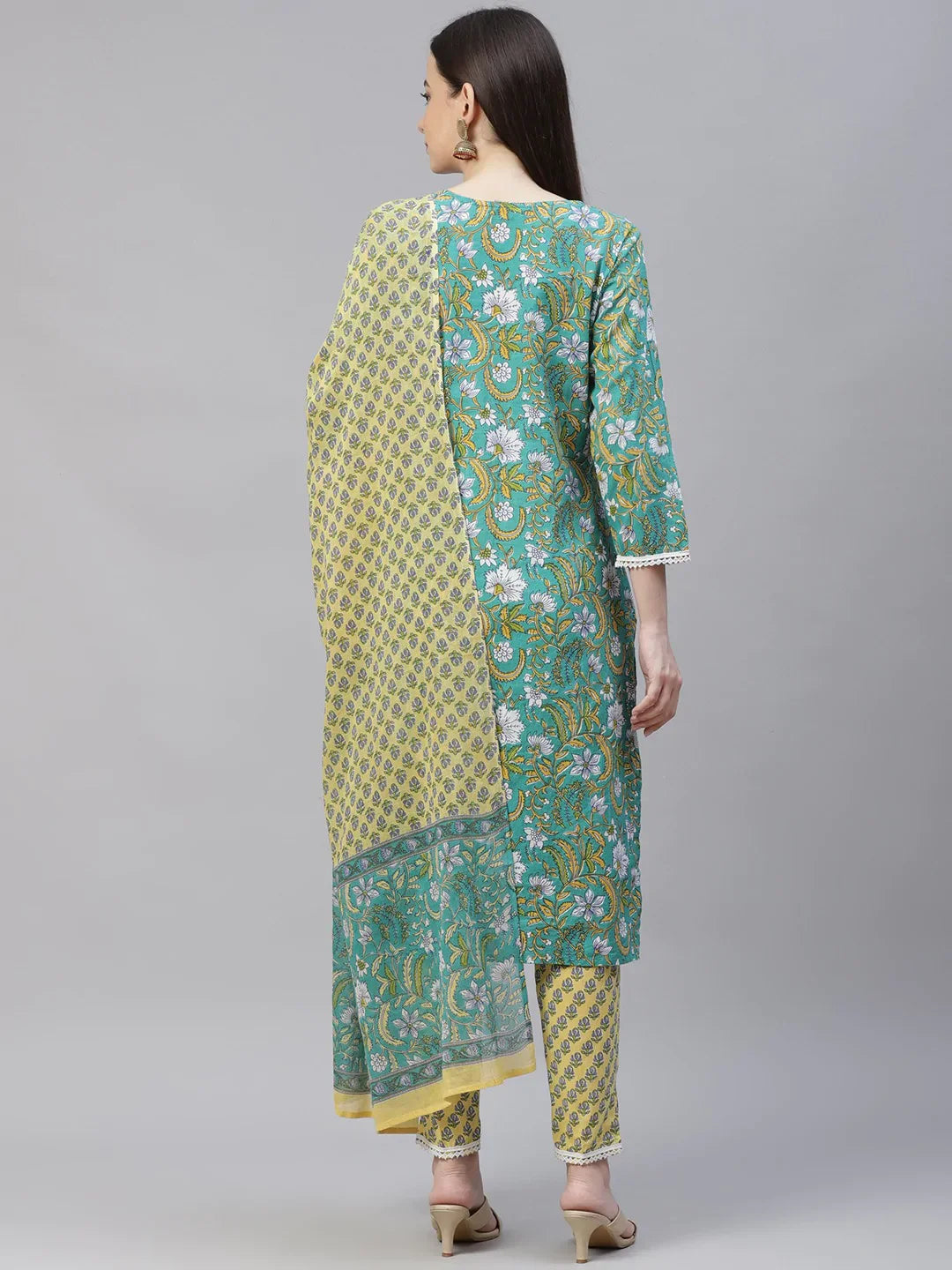Jompers Women's Green Ethnic Motifs Printed Pure Cotton Kurta with Trousers & Dupatta - Distacart