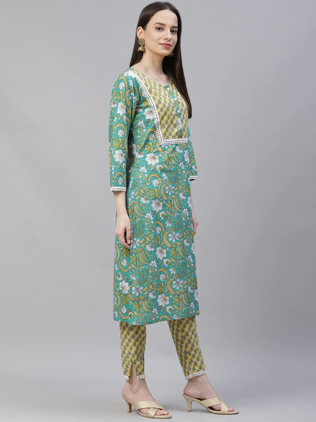 Jompers Women's Green Ethnic Motifs Printed Pure Cotton Kurta with Trousers & Dupatta - Distacart