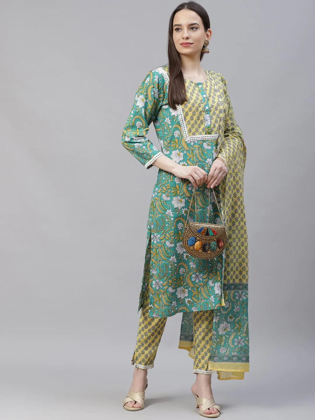 Jompers Women's Green Ethnic Motifs Printed Pure Cotton Kurta with Trousers & Dupatta - Distacart
