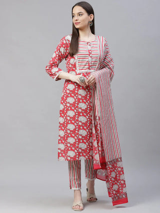 Jompers Women's Red & Off-White Ethnic Motifs Printed Kurta with Trousers & Dupatta - Distacart