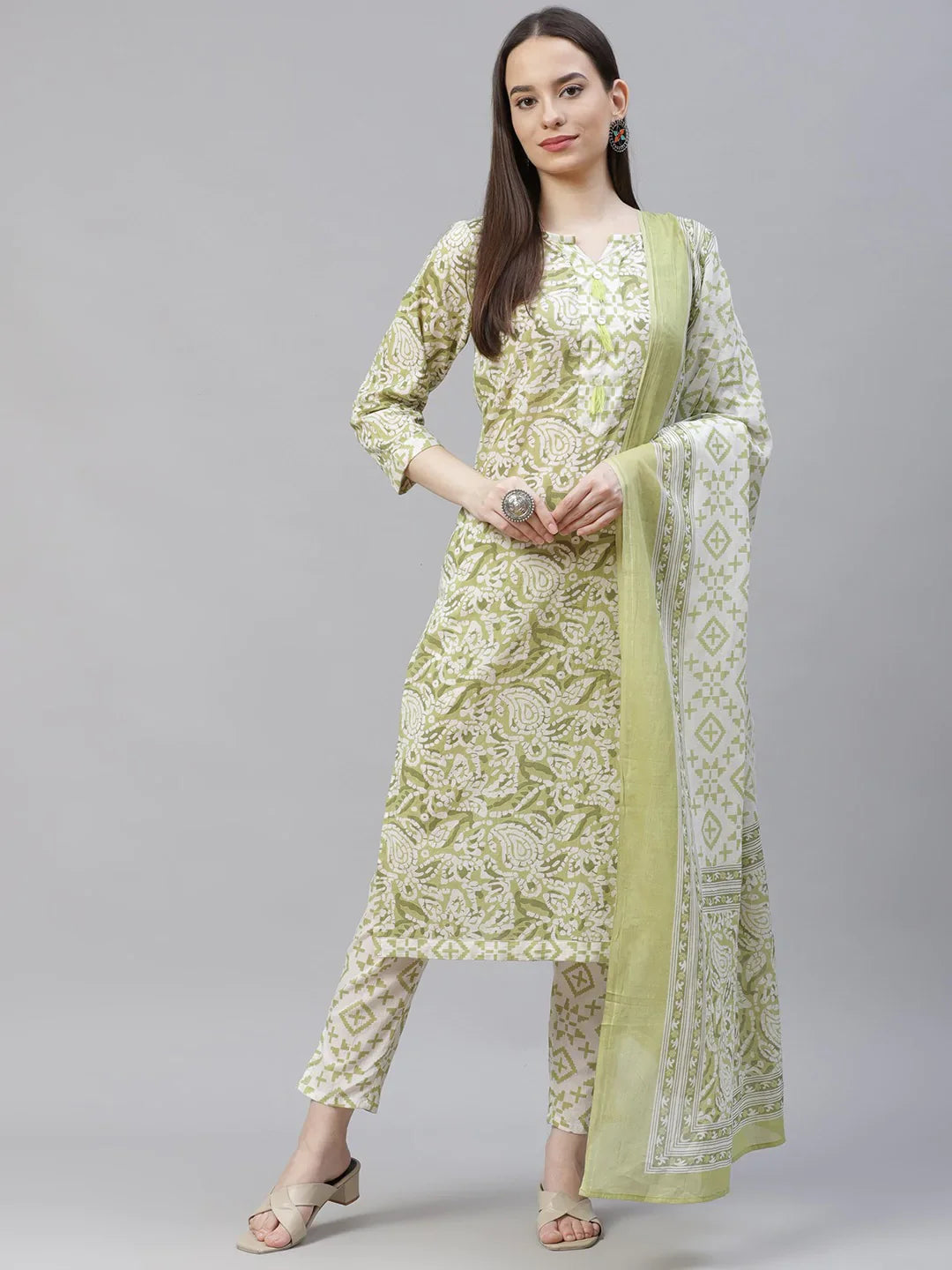 Jompers Women's Green Ethnic Motifs Printed Pure Cotton Kurta with Trousers & Dupatta - Distacart