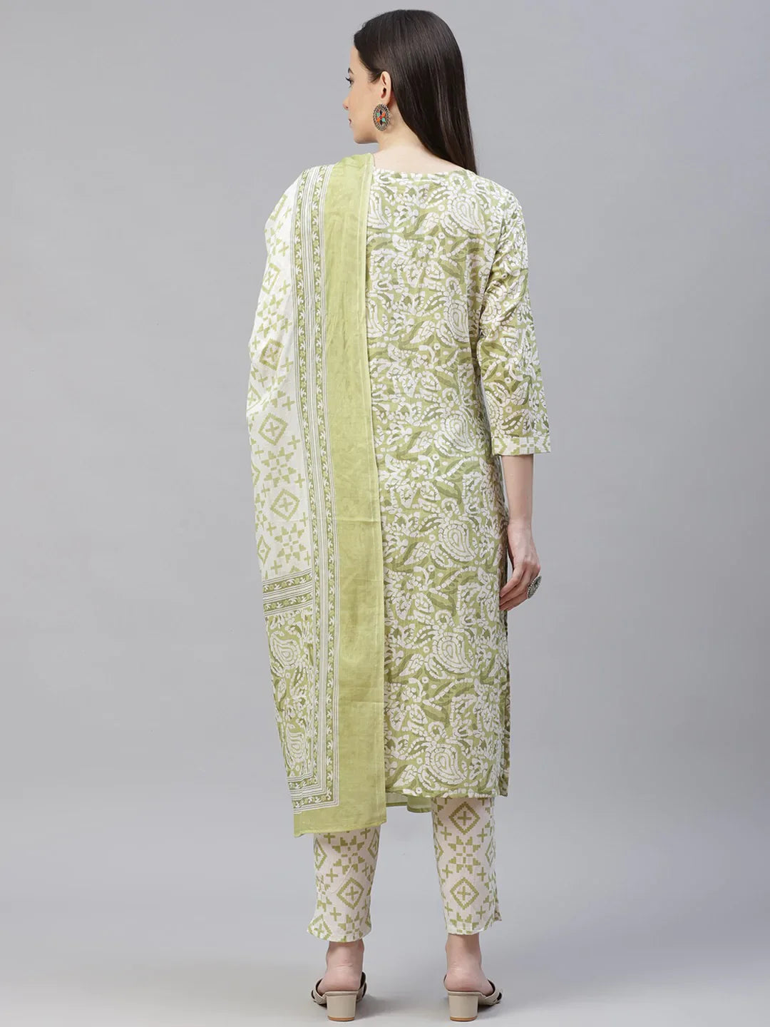 Jompers Women's Green Ethnic Motifs Printed Pure Cotton Kurta with Trousers & Dupatta - Distacart