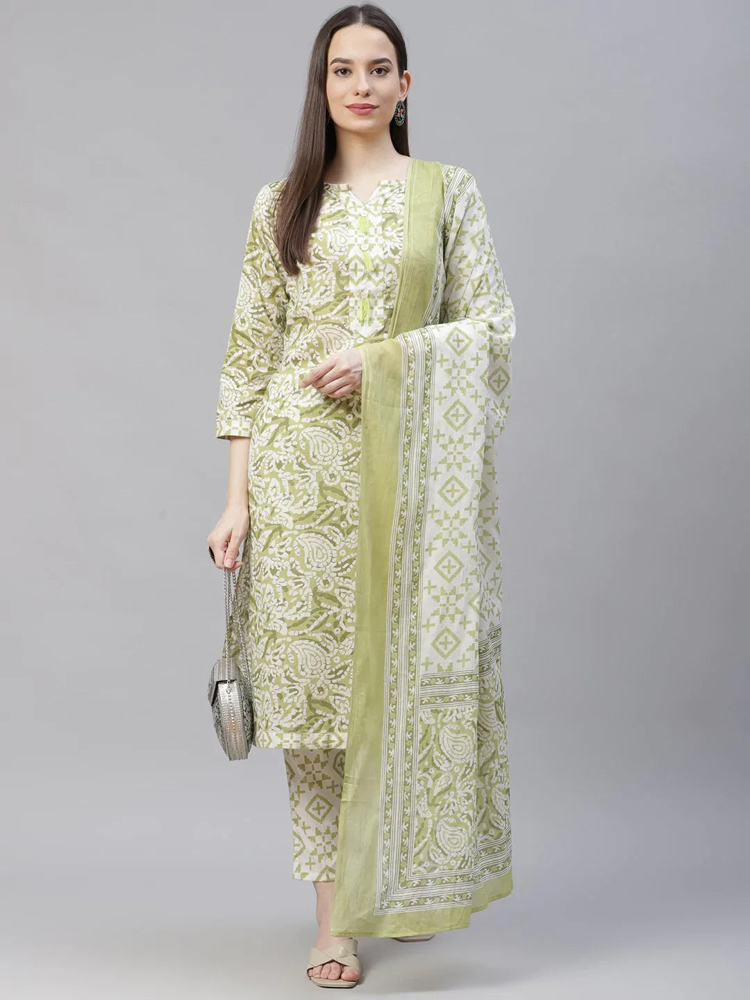 Jompers Women's Green Ethnic Motifs Printed Pure Cotton Kurta with Trousers & Dupatta - Distacart