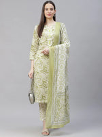 Thumbnail for Jompers Women's Green Ethnic Motifs Printed Pure Cotton Kurta with Trousers & Dupatta - Distacart