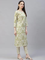 Thumbnail for Jompers Women's Green Ethnic Motifs Printed Pure Cotton Kurta with Trousers & Dupatta - Distacart