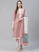 Thumbnail for Jompers Women's Pink & White Ethnic Motifs Printed Pure Cotton Kurta with Trousers & Dupatta - Distacart