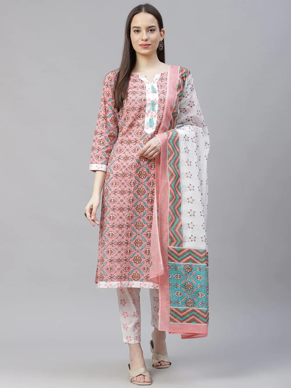 Jompers Women's Pink & White Ethnic Motifs Printed Pure Cotton Kurta with Trousers & Dupatta - Distacart
