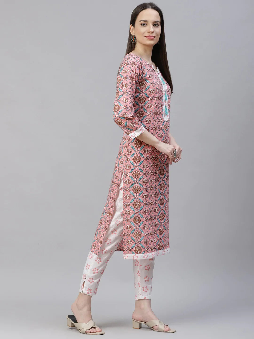 Jompers Women's Pink & White Ethnic Motifs Printed Pure Cotton Kurta with Trousers & Dupatta - Distacart