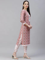 Thumbnail for Jompers Women's Pink & White Ethnic Motifs Printed Pure Cotton Kurta with Trousers & Dupatta - Distacart