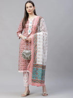 Thumbnail for Jompers Women's Pink & White Ethnic Motifs Printed Pure Cotton Kurta with Trousers & Dupatta - Distacart