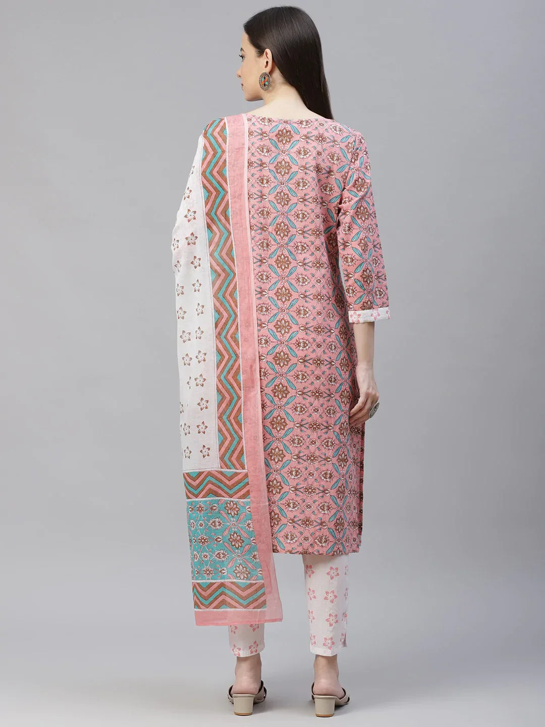 Jompers Women's Pink & White Ethnic Motifs Printed Pure Cotton Kurta with Trousers & Dupatta - Distacart