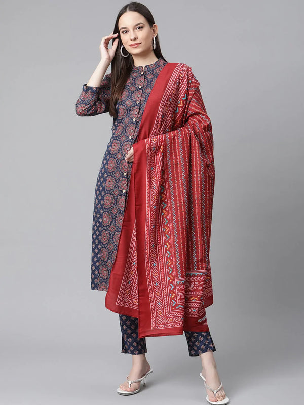 Jompers Women's Blue & Maroon Printed Regular Pure Cotton Kurta with Trousers & With Dupatta - Distacart