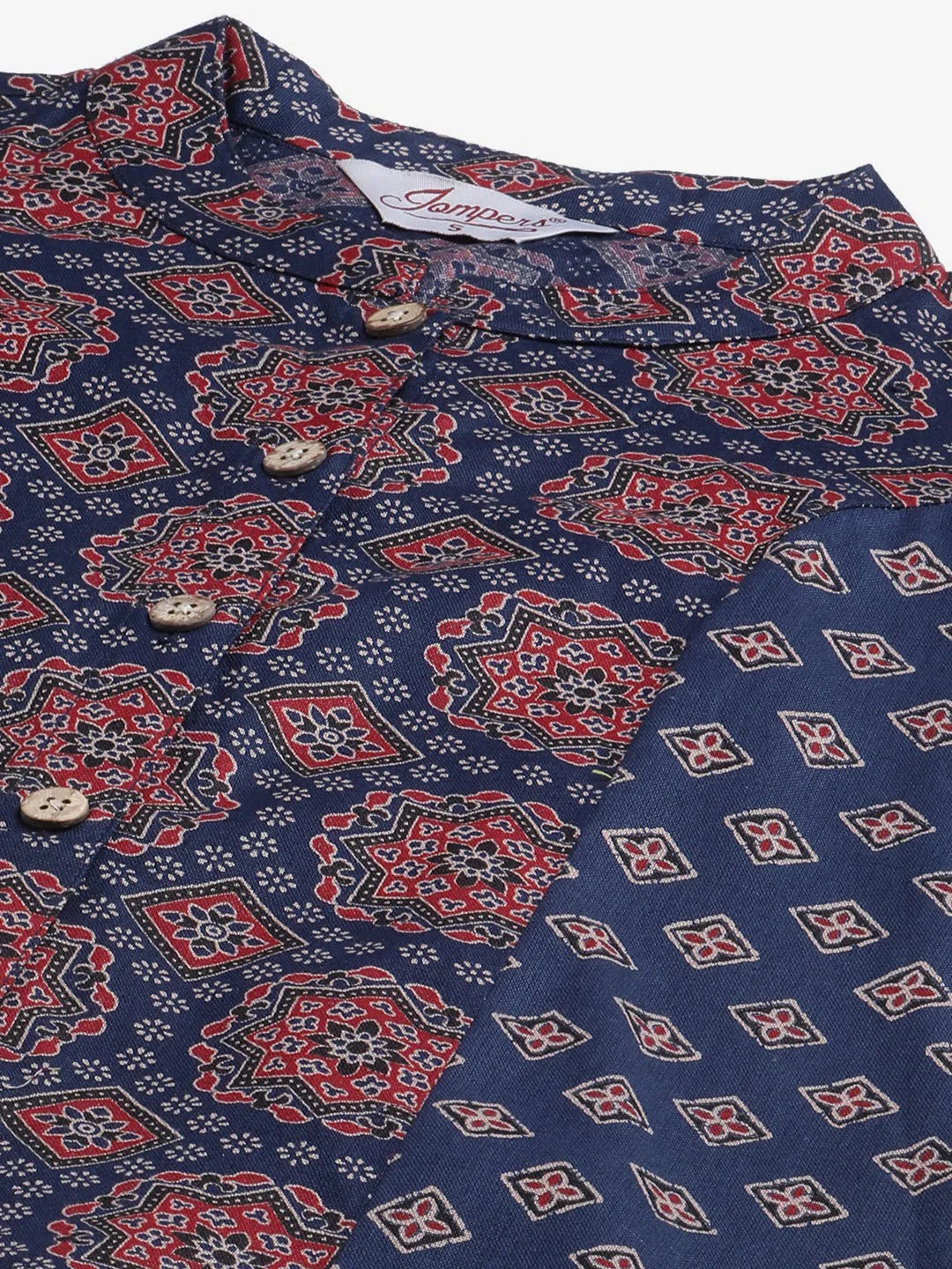 Jompers Women's Blue & Maroon Printed Regular Pure Cotton Kurta with Trousers & With Dupatta - Distacart