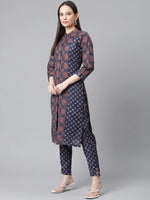 Thumbnail for Jompers Women's Blue & Maroon Printed Regular Pure Cotton Kurta with Trousers & With Dupatta - Distacart