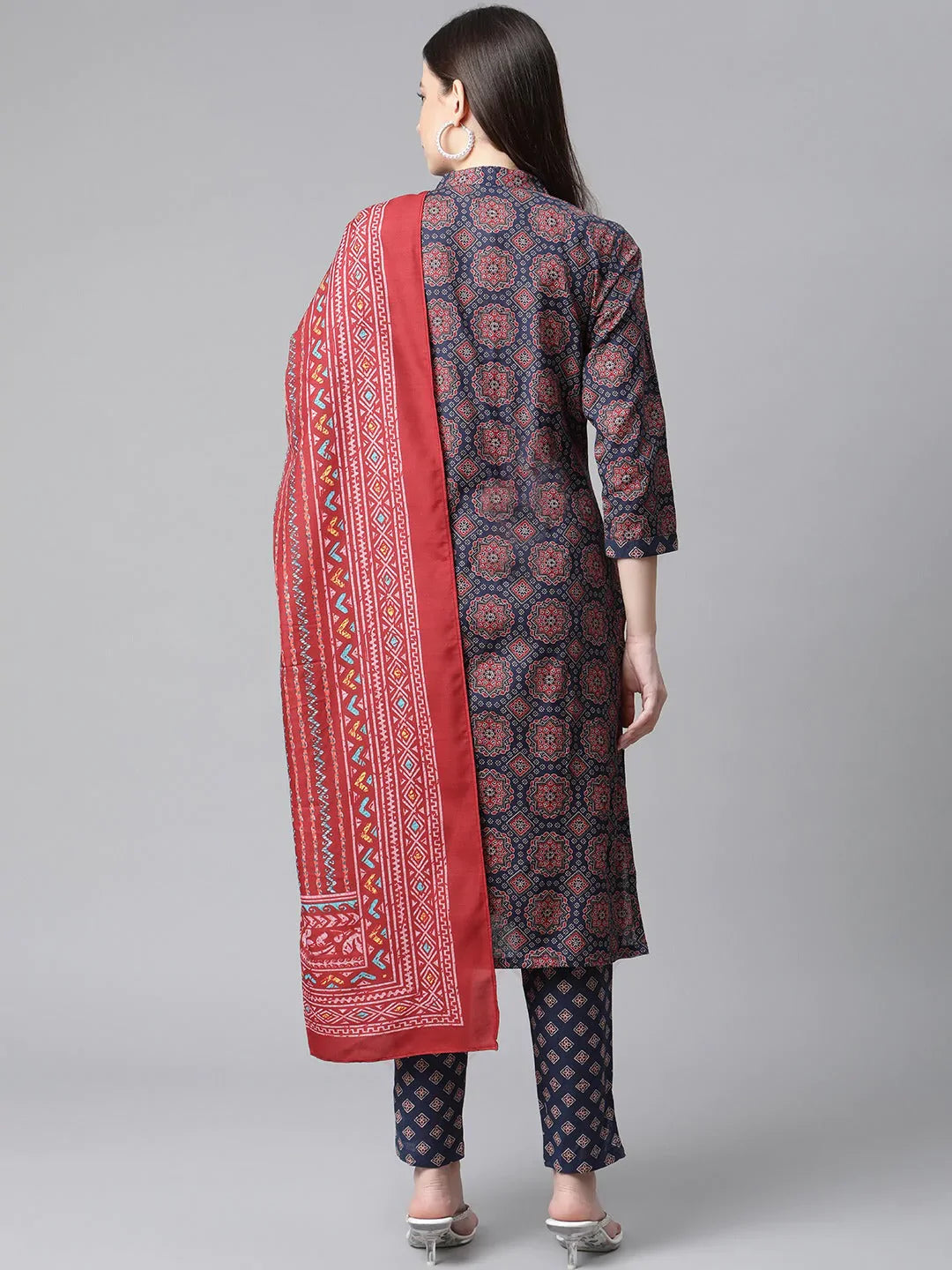 Jompers Women's Blue & Maroon Printed Regular Pure Cotton Kurta with Trousers & With Dupatta - Distacart