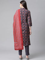 Thumbnail for Jompers Women's Blue & Maroon Printed Regular Pure Cotton Kurta with Trousers & With Dupatta - Distacart