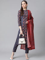 Thumbnail for Jompers Women's Blue & Maroon Printed Regular Pure Cotton Kurta with Trousers & With Dupatta - Distacart