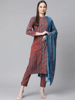 Thumbnail for Jompers Women's Maroon & Blue Printed Regular Pure Cotton Kurta with Trousers & With Dupatta - Distacart