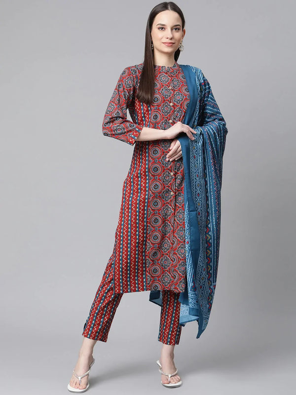 Jompers Women's Maroon & Blue Printed Regular Pure Cotton Kurta with Trousers & With Dupatta - Distacart