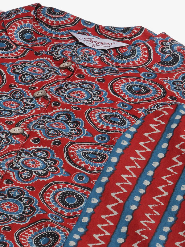 Jompers Women's Maroon & Blue Printed Regular Pure Cotton Kurta with Trousers & With Dupatta - Distacart