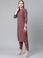 Thumbnail for Jompers Women's Maroon & Blue Printed Regular Pure Cotton Kurta with Trousers & With Dupatta - Distacart