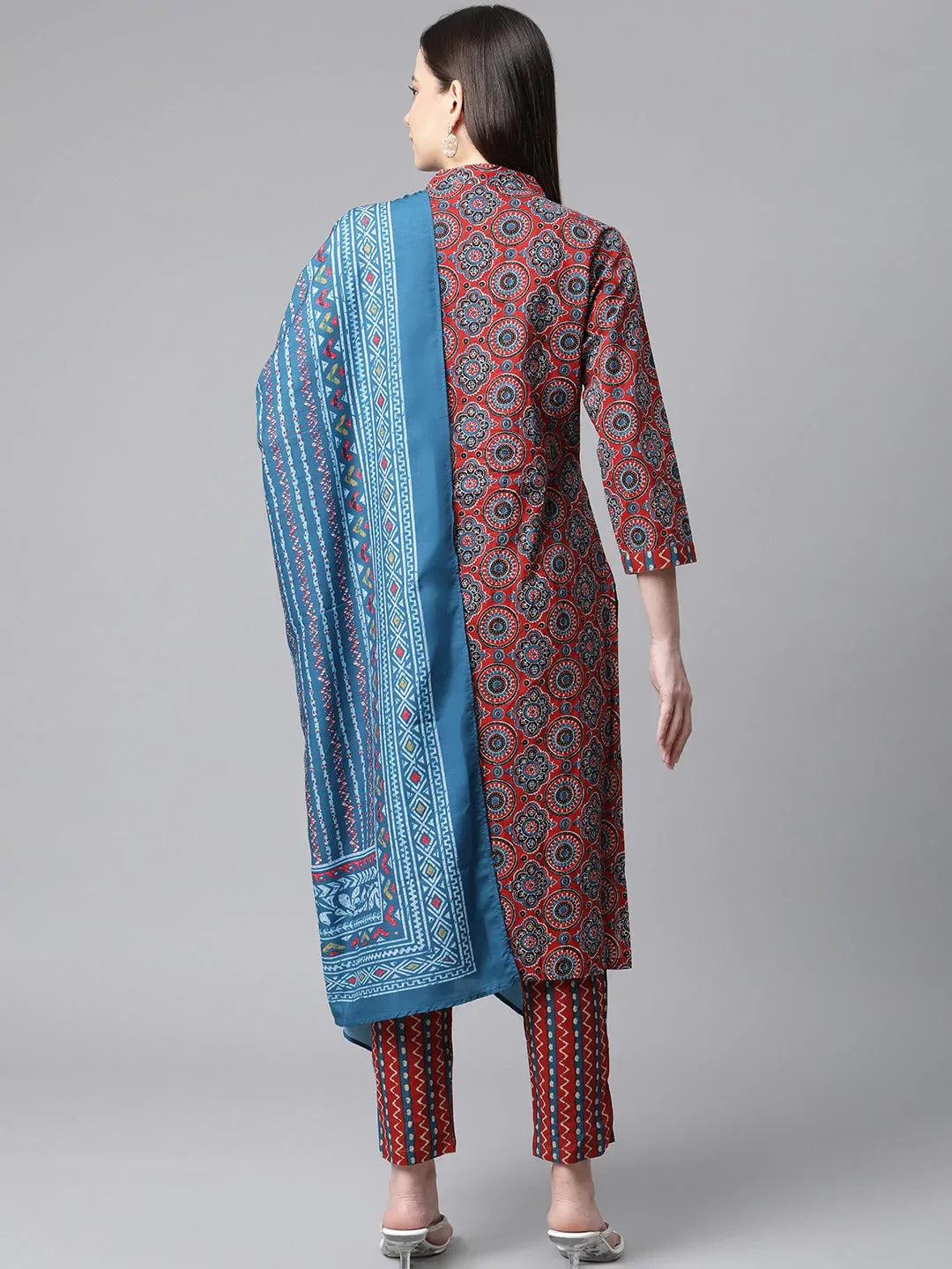 Jompers Women's Maroon & Blue Printed Regular Pure Cotton Kurta with Trousers & With Dupatta - Distacart