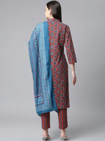 Thumbnail for Jompers Women's Maroon & Blue Printed Regular Pure Cotton Kurta with Trousers & With Dupatta - Distacart