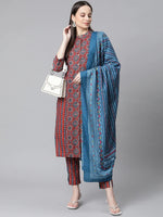 Thumbnail for Jompers Women's Maroon & Blue Printed Regular Pure Cotton Kurta with Trousers & With Dupatta - Distacart