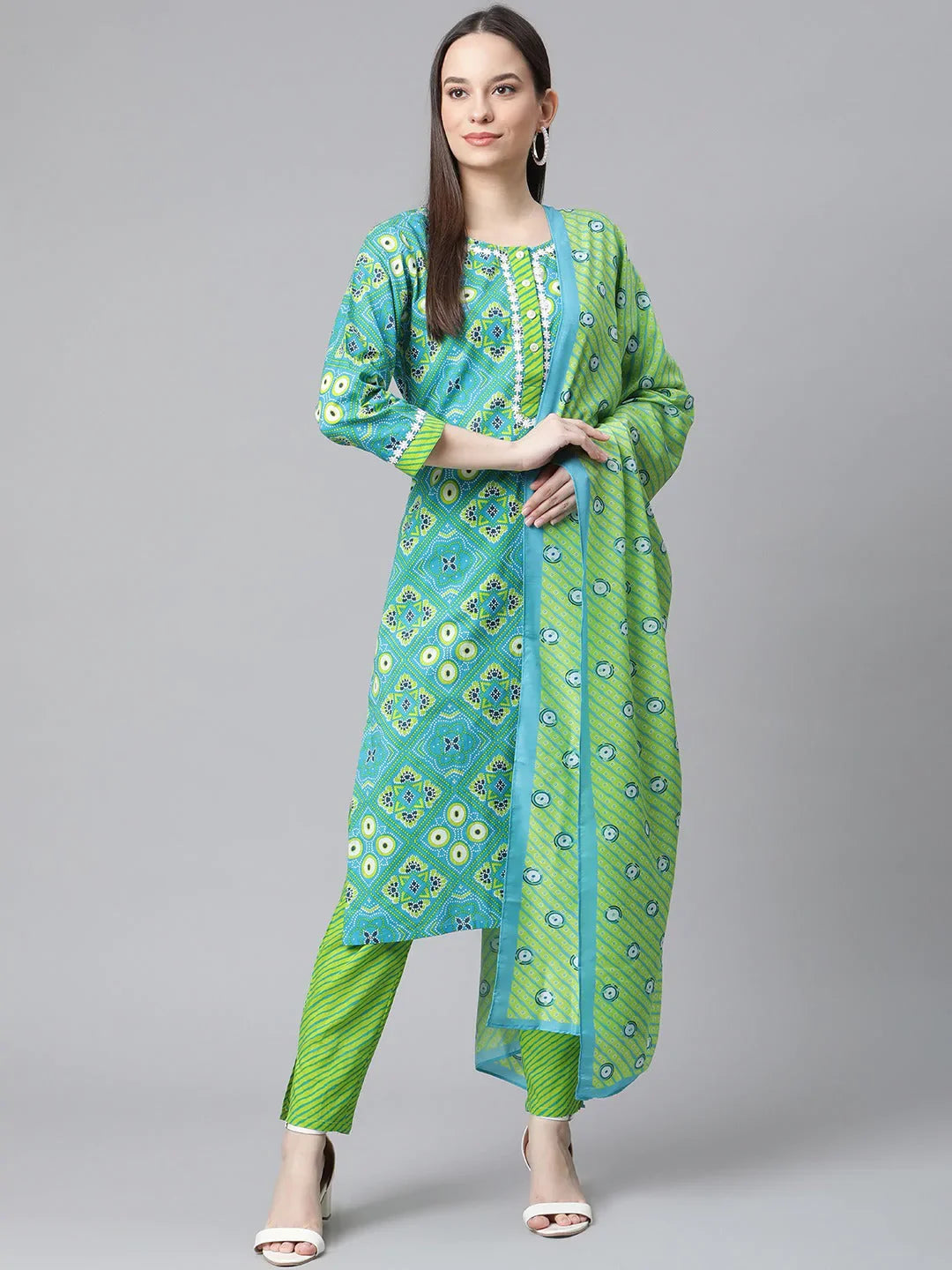 Jompers Women's Blue & Green Ethnic Motifs Printed Pure Cotton Kurta With Trousers & Dupatta - Distacart