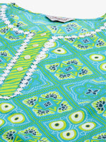 Thumbnail for Jompers Women's Blue & Green Ethnic Motifs Printed Pure Cotton Kurta With Trousers & Dupatta - Distacart