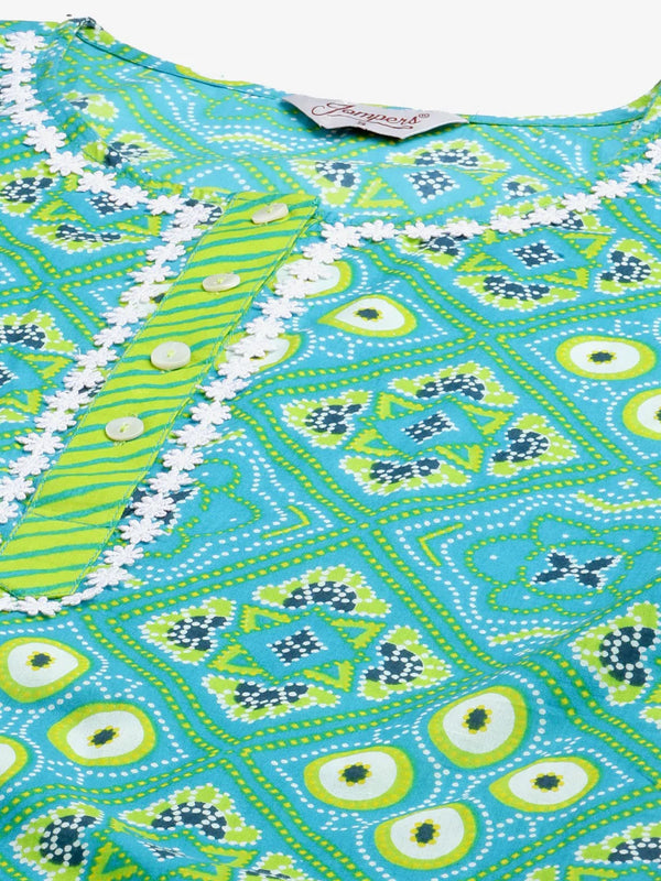 Jompers Women's Blue & Green Ethnic Motifs Printed Pure Cotton Kurta With Trousers & Dupatta - Distacart