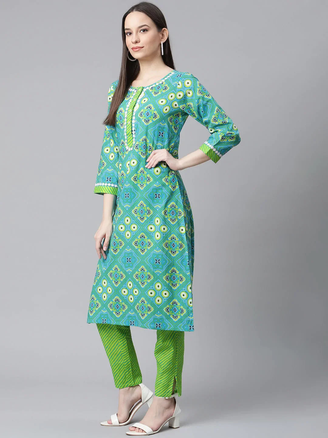 Jompers Women's Blue & Green Ethnic Motifs Printed Pure Cotton Kurta With Trousers & Dupatta - Distacart