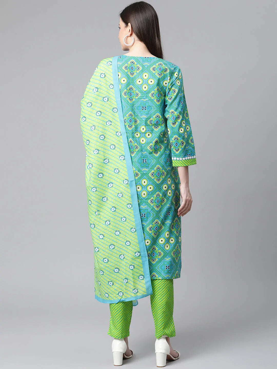 Jompers Women's Blue & Green Ethnic Motifs Printed Pure Cotton Kurta With Trousers & Dupatta - Distacart