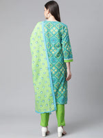 Thumbnail for Jompers Women's Blue & Green Ethnic Motifs Printed Pure Cotton Kurta With Trousers & Dupatta - Distacart
